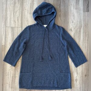 J Jill Sweater Womens Medium Navy Pure Jill Hooded Tunic 3/4 Sleeve Knit Pockets